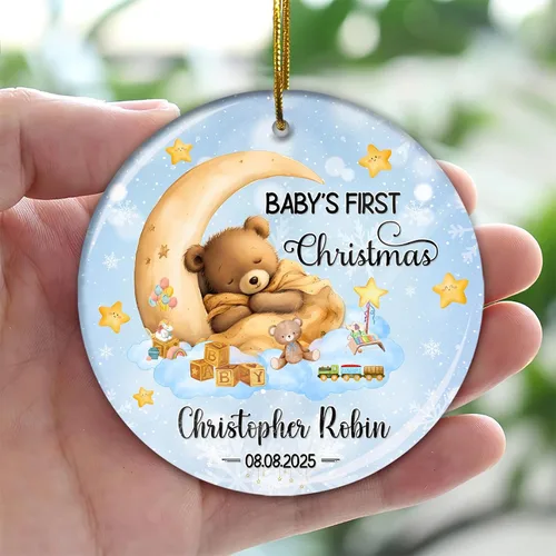 Miniatura 3 de Adorno personalizado para la primera Navidad del bebé 2025 con nombre personalizado, lindo oso en la luna, adornos redondos, regalo de primer