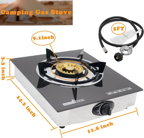 Miniatura 2 de Cocina de gas propano de 1 quemador, estufa de gas LPG portátil para camping, regulador de encimera de vidrio templado de encendido automático