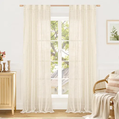 Miniatura 30 de LAMIT Cortinas de lino beige de 30 pulgadas de largo para ventanas pequeñas, cortinas semitransparentes filtrantes de luz, pestaña trasera