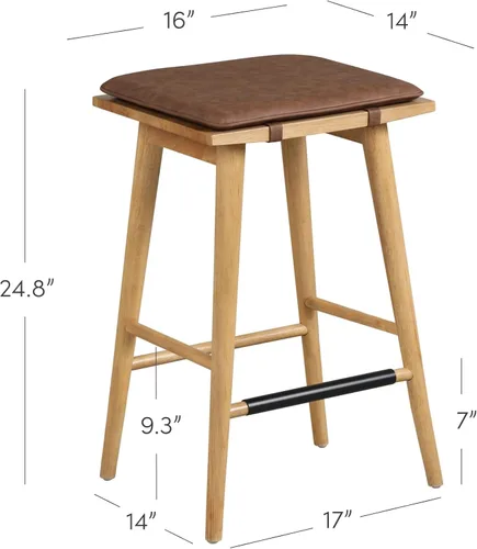 Miniatura 2 de Nathan James Barker Taburete clásico de altura de mostrador de madera con cojín de cuero removible, sin respaldo, taburete de bar de isla de 24