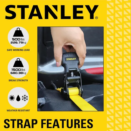 Miniatura 4 de STANLEY S10002 Correas de amarre de trinquete negras/amarillas de 1 pulgada x 10 pies - Carga de trabajo segura de 500 libras / Resistencia a