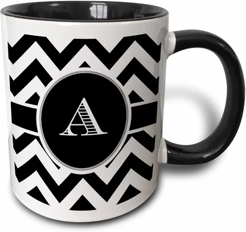 Miniatura 8 de 3dRose Taza azul de dos tonos con monograma de cheurón en blanco y negro con inicial A de 11 oz