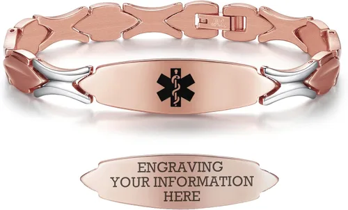 LinnaLove Pulseras de alerta médica personalizadas para mujer pulseras médicas de emergencia de acero inoxidable con grabado gratuito 75 Metal Sin