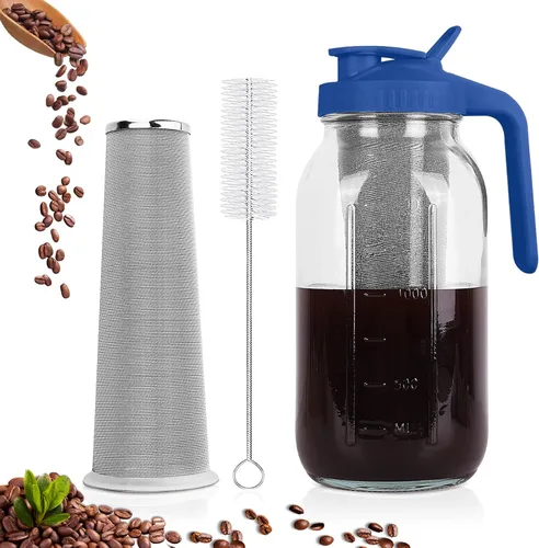 Miniatura 16 de Máquina de café de infusión fría, jarra de albañil de 64 onzas con filtro de acero inoxidable, tapa con pico para servir, de vidrio resistente