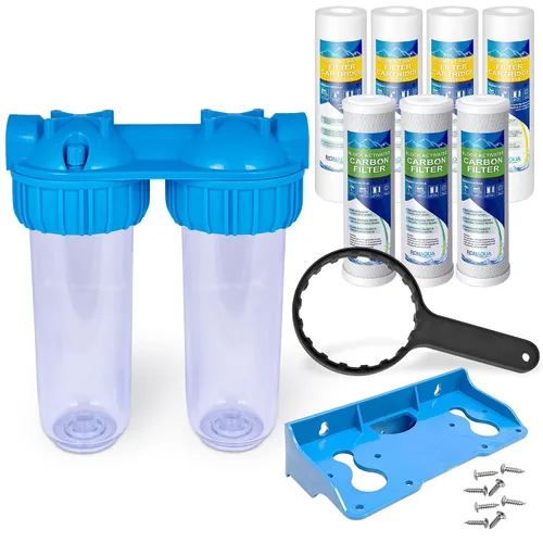 Sistema de filtro de agua dual para toda la casa, Carcasas estándar transparentes, Válvula de alivio de prensatelas, Puerto de latón de