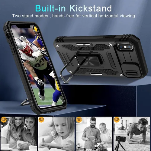 Miniatura 93 de DEERLAMN Funda para iPhone Xs Max con funda deslizante para cámara + protector de pantalla, soporte giratorio de anillo de grado militar a prueba