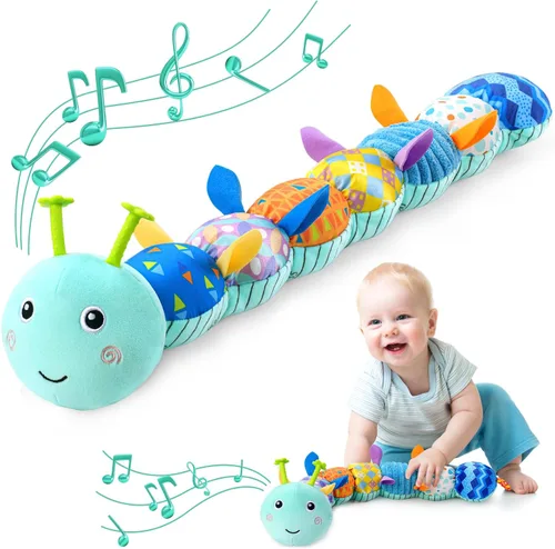 Awotoy Juguetes para bebés de 0 a 12 meses, juguete de peluche musical con actividad sensorial suave con crujido multisensorial, sonajero y