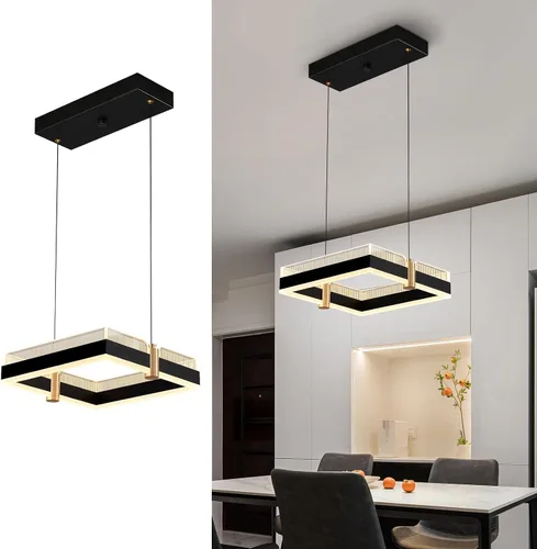 Candelabro LED moderno con control remoto, 1 anillo, regulable, 3 colores, negro, dorado, ajustable, lámpara colgante cuadrada, lámpara de comedor