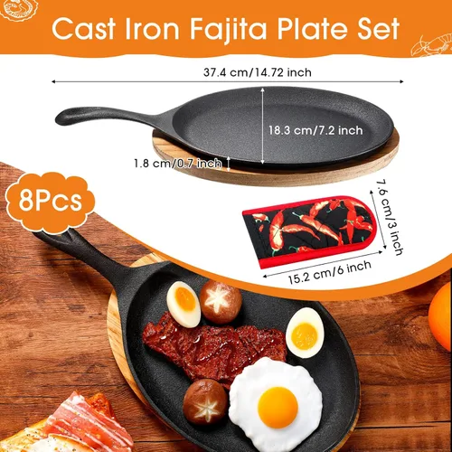 Miniatura 2 de Lallisa Juego de 8 Platos de Fajita de Hierro Fundido Juego de Platos Sartén de Fajita con Bandeja de Madera Protección Anti Quemaduras Guante
