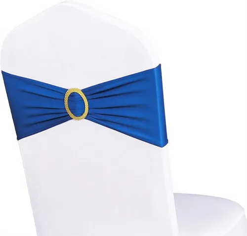 Miniatura 26 de Paquete de 50 bandas elásticas para sillas de bebé azul para boda, bandas elásticas de licra con hebilla deslizante, arcos de sillas de spandex