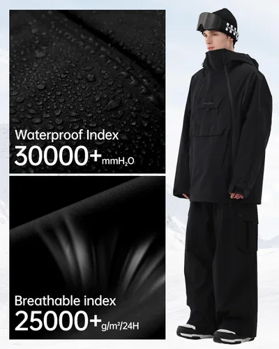 Miniatura 4 de Chaqueta de esquí para hombre 3L Anorak de snowboard, chamarra de nieve holgada con capucha, impermeable, cortavientos, aislante, para invierno