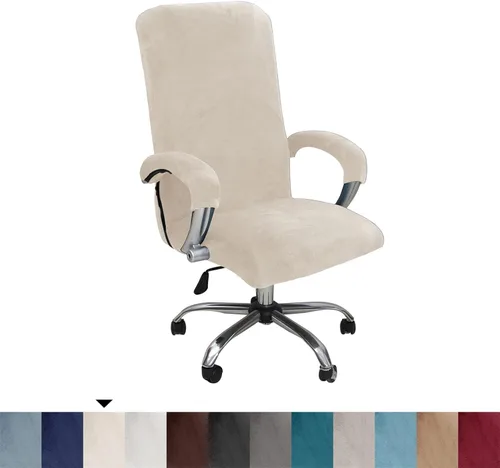 Miniatura 2 de Funda para silla de escritorio de oficina elástica de terciopelo a prueba de gatos con ruedas, funda de asiento de silla con protector de Beige