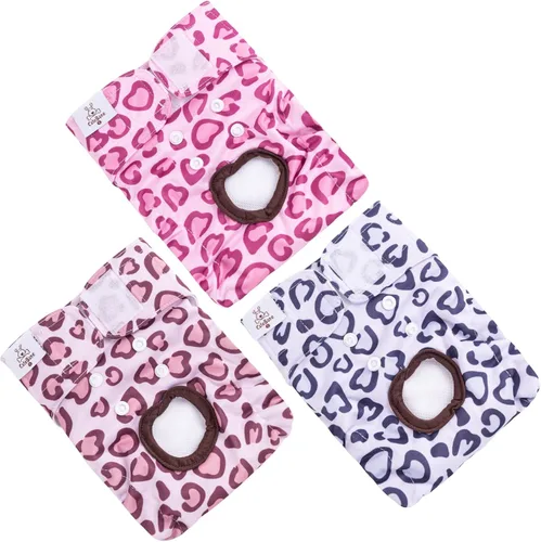 CuteBone Pañales para perros hembras para ciclo de calor, paquete de 3 unidades, estampado de leopardo y corazón D54M