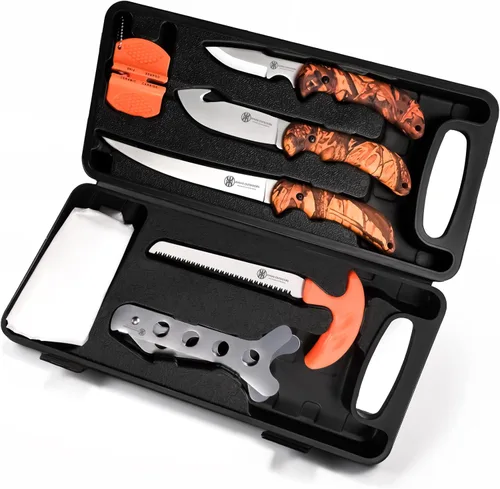 Miniatura 2 de KNINE OUTDOORS Juego de Cuchillos para Caza de Venado Kit de Preparación en Campo Juego de Procesador de Caza Portátil Mango de Camuflaje Arce Rojo