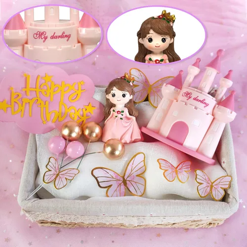Miniatura 3 de 19 piezas Decoración de pastel de princesa con castillo, mariposas y bolas para suministros de cumpleaños de princesa (rosa)