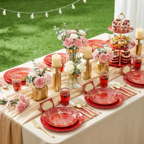 Miniatura 4 de N9R Juego de vajilla de plástico de 225 piezas de oro rojo – desechable para el Día de la Madre, incluye 25 platos llanos, 25 platos de postre, 25