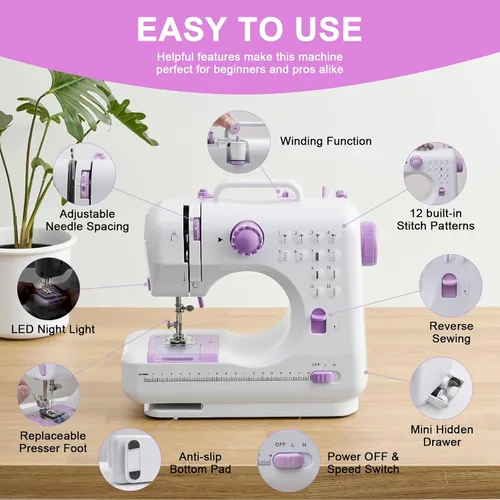 Miniatura 2 de Máquina de coser para principiantes y niños, mini máquinas de coser portátiles con 12 patrones de puntada incorporados, pedal de pie de 2