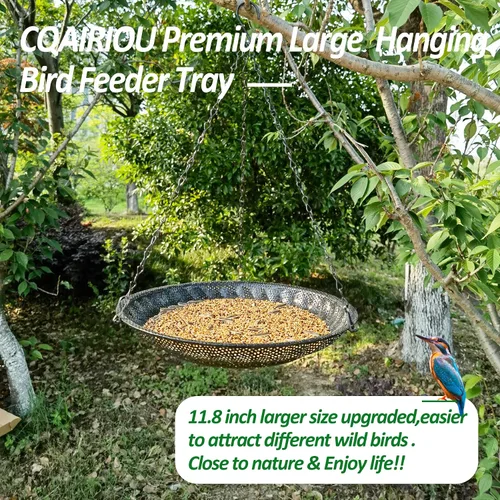 Miniatura 6 de CQAIRIOU Bandeja de comedero de pájaros colgante de alta calidad, tamaño de 11.8 pulgadas, bandeja de malla de acero inoxidable, comedero de pájaros