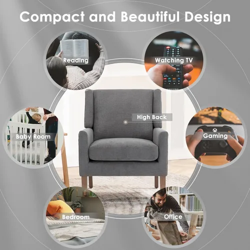 Miniatura 7 de COLAMY Silla moderna de ala para sala de estar, sillón acentuado tapizado en tela, sillón individual con asiento tipo sofá y patas de madera