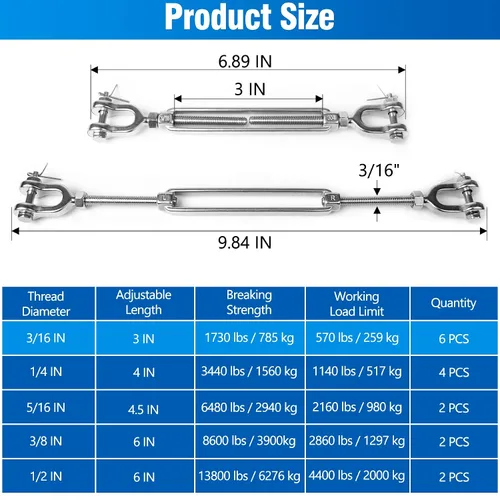 Miniatura 2 de Tensor de mandíbula y mandíbula de acero inoxidable 304, tensor de cable resistente de 3/16 pulgadas, límite de carga de trabajo de 570 libras