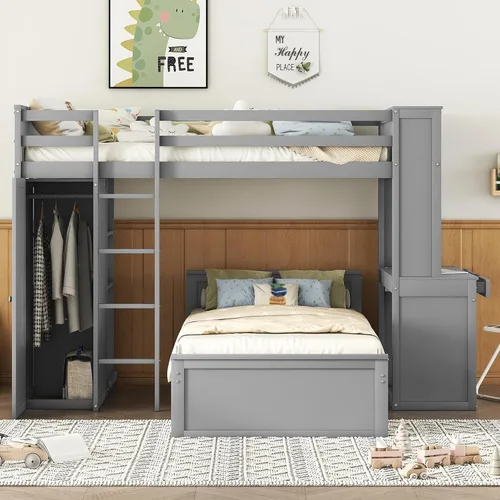 Miniatura 12 de Litera individual sobre individual con escritorio, armario y estantes, marco de cama tipo loft de madera maciza con una cama independiente, literas