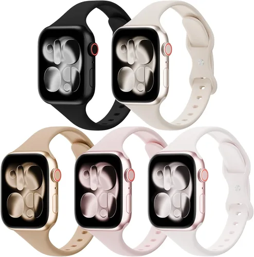 Miniatura 21 de Paquete de 5 bandas de silicona delgadas compatibles con Apple Watch de 38mm 42mm 40mm 44mm 41mm 45mm 46mm 49mm, correa deportiva estrecha y delgada