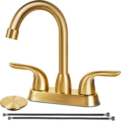 Miniatura 25 de SOKA Grifo de baño central de dos asas para fregadero de acero inoxidable de arco alto con placa de cubierta y montaje de drenaje desplegable