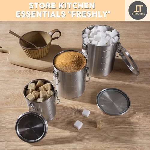 Miniatura 5 de Tanjiae Recipiente de café de acero inoxidable 100% hermético de metal con tapa sellada, mantiene los granos de café, azúcar y té frescos durante
