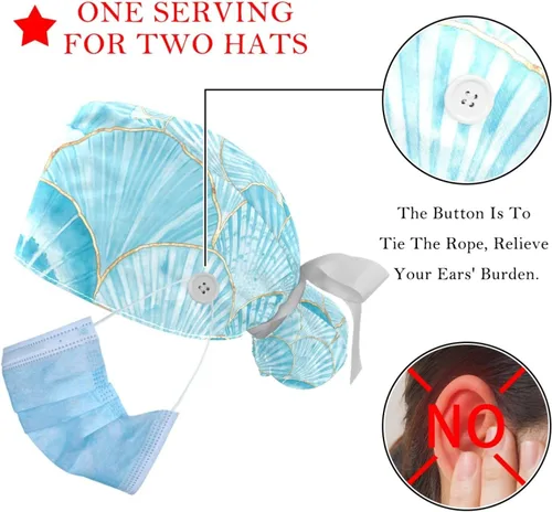 Miniatura 3 de 2 gorras de trabajo para mujer con botón Ocean Turtle cubierta de pelo largo cinta con cordones