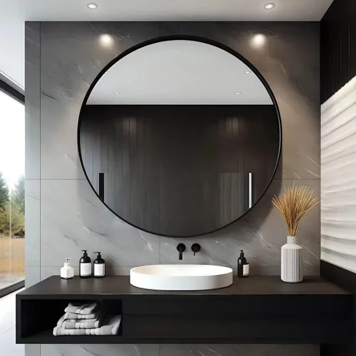 USHOWER Espejos de baño para sobre lavabo, espejo circular de 30 pulgadas con marco de metal, espejo de pared negro para tocador, entrada, sala de