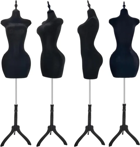 Miniatura 2 de Torso de maniquí femenino con curvas ajustables con soporte, forma de vestido pinable para ropa (negro, terciopelo)