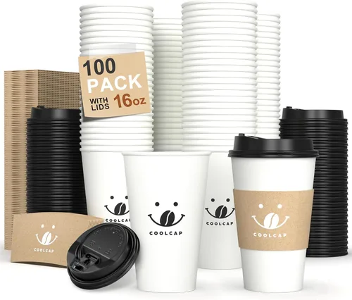 Miniatura 14 de Paquete de 100 tazas de café desechables de pared ondulada corrugada de 16 onzas con tapas y pajitas, tazas aisladas resistentes para bebidas