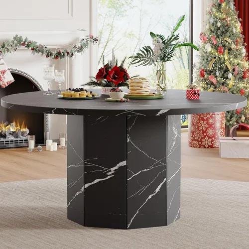 Miniatura 9 de HSH Mesa de comedor redonda para 4-6 personas, mesa de cocina de mármol sintético negro de 47", mesa de comedor moderna de madera para sala de estar