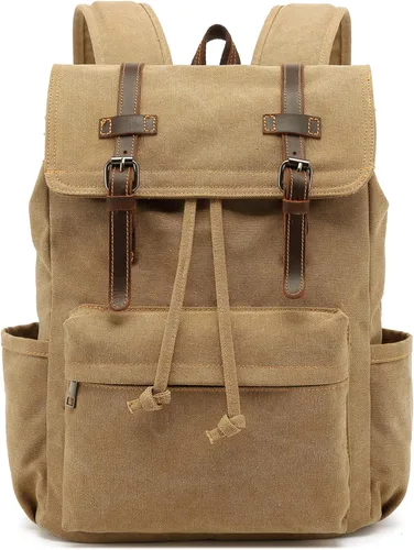 Miniatura 9 de HuaChen Mochila de lona, mochila vintage para laptop de 14 pulgadas, mochila de viaje y senderismo con bolsillo antirrobo, ribete de cuero genuino