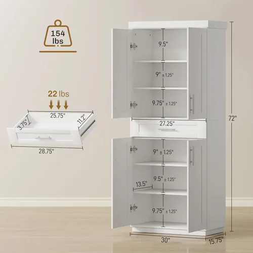 Miniatura 3 de HOMCOM Gabinete de despensa de cocina de 72 pulgadas, armario de almacenamiento alto independiente con 4 puertas, cajón y 3 estantes ajustables