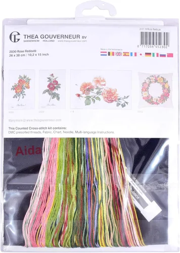 Miniatura 4 de Thea Gouverneur - Kit de punto de cruz con conteo - Rosa Redouté - Aida Black - 18 unidades - Kit de bordado para adultos - Hilos de bordado DMC