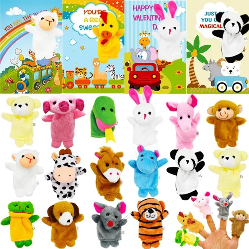 Tarjetas del día de San Valentín con 16 marionetas de dedo de animales de peluche, regalos de aula para niños y recuerdos de fiesta