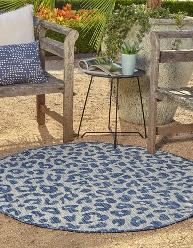 Miniatura 3 de Unique Loom colección Outdoor Safari Alfombra para exteriores - Leopardo (13' redonda, azul/gris)