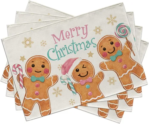 Seliem Juego de 4 manteles individuales de hombre de jengibre con texto en inglés "Merry Christmas" con diseño de muñeco de jengibre, color rosa y