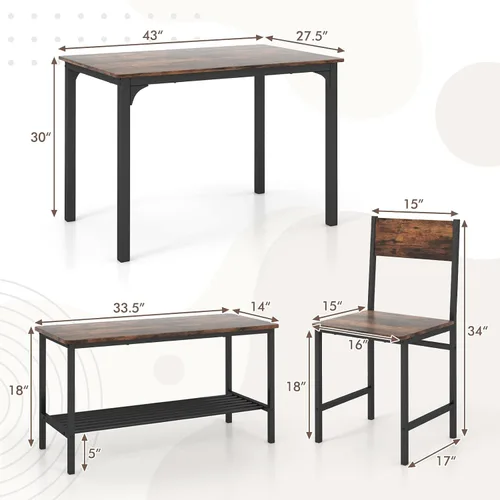 Miniatura 5 de GOFLAME Juego de mesa de comedor de 4 piezas para 4, mesa de cocina industrial con 2 sillas y banco, juego de mesa de desayuno que ahorra espacio