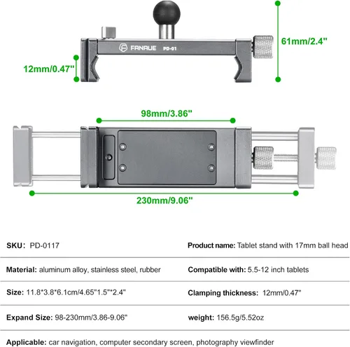 Miniatura 7 de FANAUE Soporte para iPad con cabezal de bola de 0.669 in para trípode, compatible con brazo de doble enchufe y soporte para automóvil, soporte