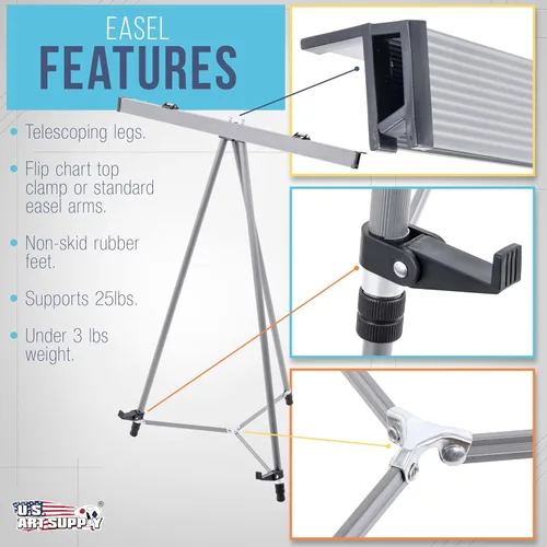 Miniatura 3 de U.S. Art Supply Caballete de aluminio plateado de 66 pulgadas de alto y soporte de presentación, para piso/mesa ajustable, trípode portátil, soporta