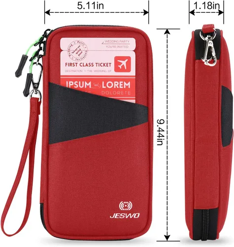 Miniatura 4 de Cartera de viaje RFID para pasaporte familiar, organizador de documentos impermeable con cremallera y correa de muñeca extraíble, Rojo, Elegante
