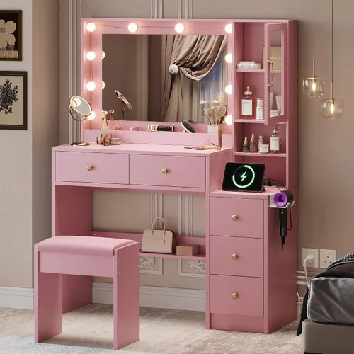 Miniatura 11 de TOKSOM Escritorio de tocador de maquillaje con espejo y luces, mesa de tocador blanca con 2 cajones y estantes de almacenamiento abiertos, juego