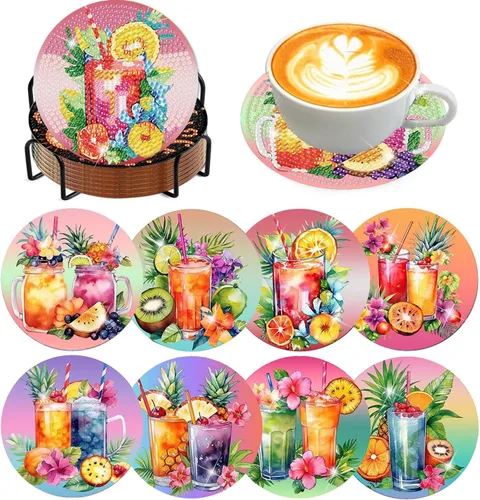 Miniatura 10 de Meothan Juego de 8 posavasos de arte de diamante para adultos con soporte, almohadillas de corcho, posavasos de arte de puntos de diamante de vidrio