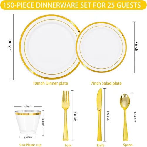 Miniatura 5 de Juego de vajilla desechable dorada de 150 piezas para 25 invitados, platos de plástico dorado y blanco para fiestas, 25 platos de cena y ensalada
