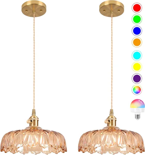 Miniatura 45 de Luces Colgantes para Isla de Cocina, Luz Colgante de Cristal Verde Accesorios de Iluminación Vintage, 9.4 pulgadas E26 Acabado Lámpara Colgante