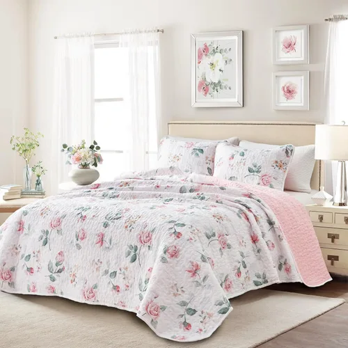 Miniatura 2 de Juego de edredón floral tamaño Queen 88x88 con flores rosas y amarillas, de microfibra suave, ligero, colcha reversible de verano de 3 piezas, juego