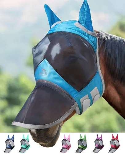 Miniatura 32 de Harrison Howard CareMaster Pro - Máscara luminosa para mosca de caballo, gran espacio para los ojos, nariz larga con orejas, protección UV para Azul