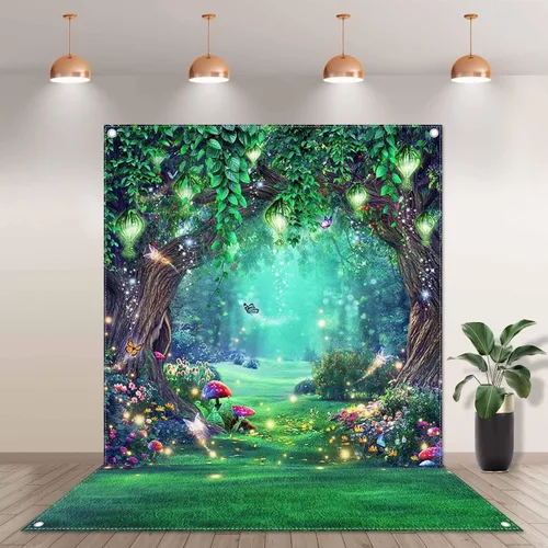 Miniatura 2 de Telón de fondo de tela de bosque encantado de 5 x 7 pies, cuento de hadas, país de las maravillas, hongos, mariposas, fondo de fotografía
